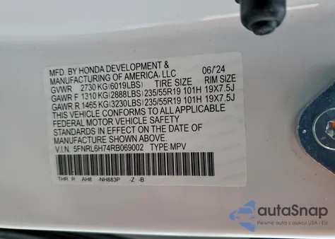 2024 Honda Odyssey Sport from USA, damaged, VIN 5FNRL6H74RB069002